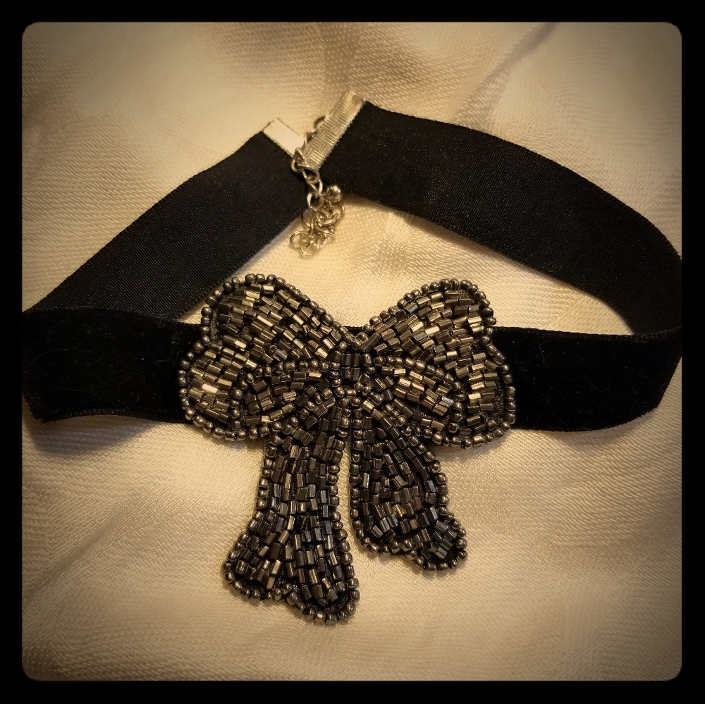 Black Velvet Choker Necklace with Beaded Bow